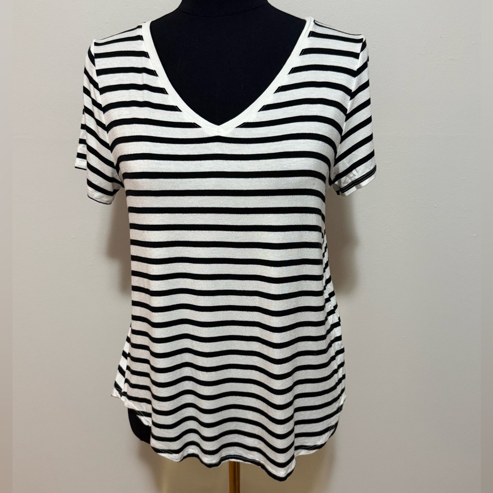 Green Envelope Black and White Striped V-Neck Tee